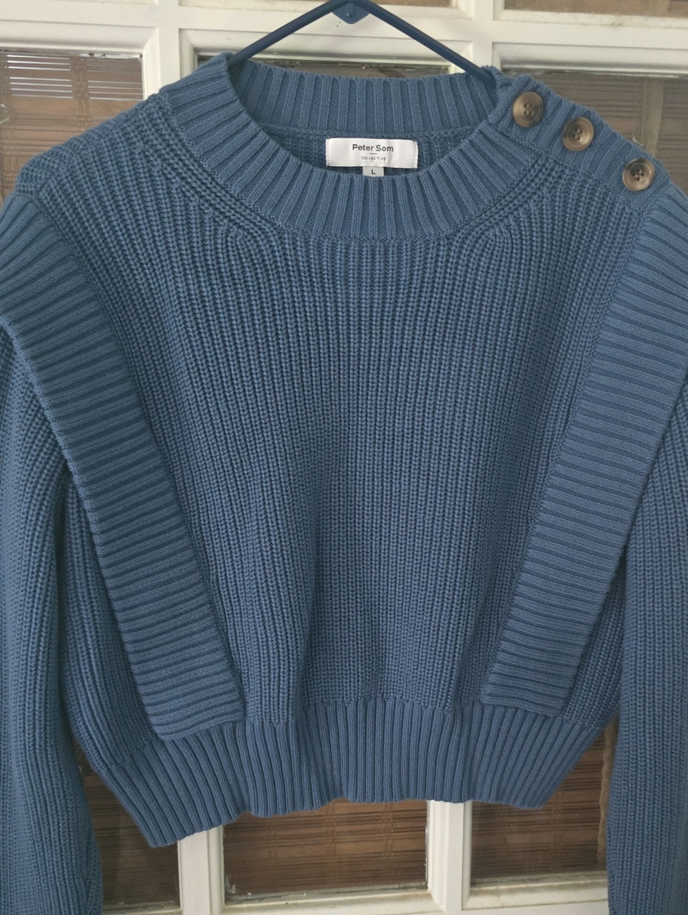 Peter Som Dusty Blue Ribbed Crewneck Sweater with Shoulder Buttons
